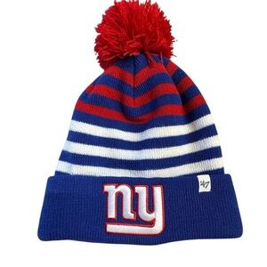 47 Brand NY Giants Red, White ,Blue EUC Embroidered logo Striped Beanie wPom Pom